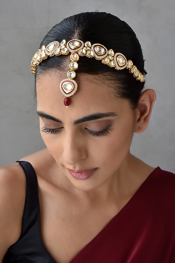 Gold Finish Kundan Polki Mathapatti by Swabhimann Jewellery at Pernia's Pop Up Shop
