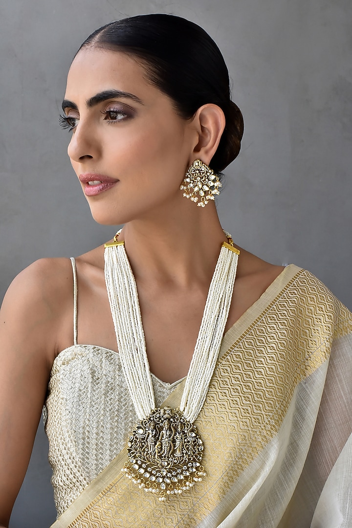 Gold Finish Kundan Polki & Pearl Pendant Necklace Set by Swabhimann Jewellery at Pernia's Pop Up Shop