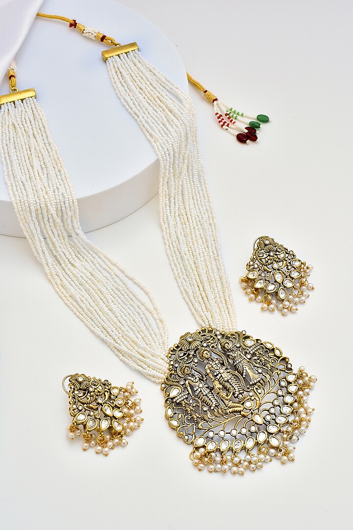 Gold Finish Kundan Polki & Pearl Pendant Necklace Set by Swabhimann Jewellery at Pernia's Pop Up Shop