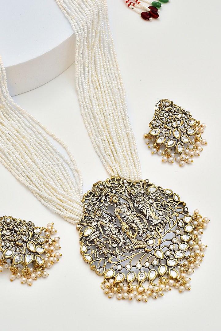 Gold Finish Kundan Polki & Pearl Pendant Necklace Set by Swabhimann Jewellery at Pernia's Pop Up Shop
