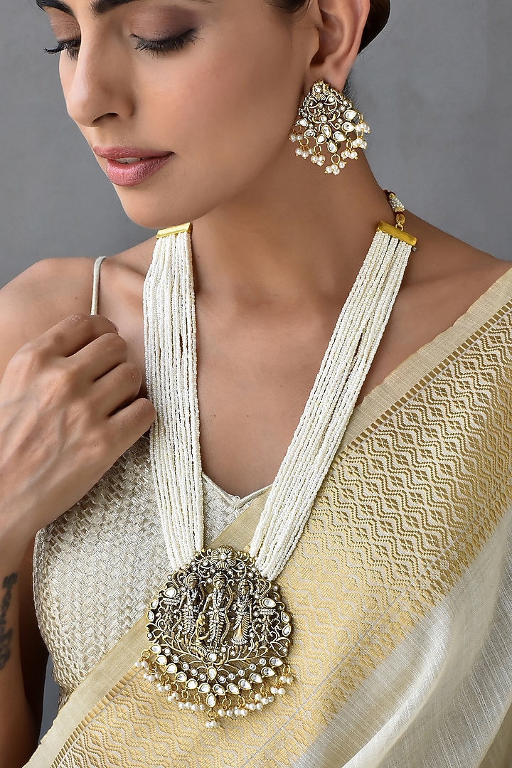 Gold Finish Kundan Polki & Pearl Pendant Necklace Set by Swabhimann Jewellery at Pernia's Pop Up Shop