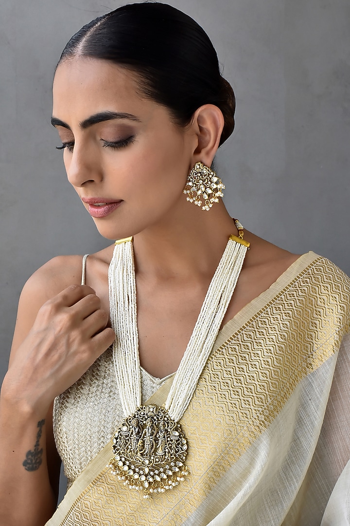Gold Finish Kundan Polki & Pearl Pendant Necklace Set by Swabhimann Jewellery at Pernia's Pop Up Shop