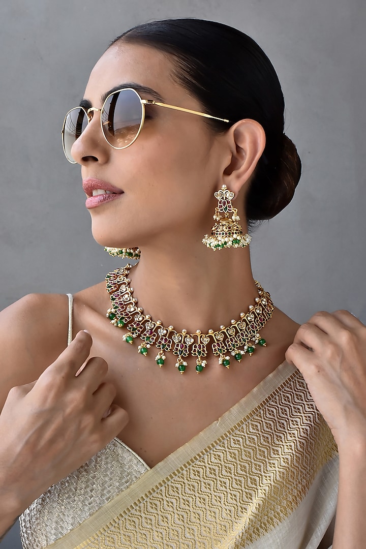 Gold Finish Kundan Polki & Jadau Necklace Set by Swabhimann Jewellery at Pernia's Pop Up Shop