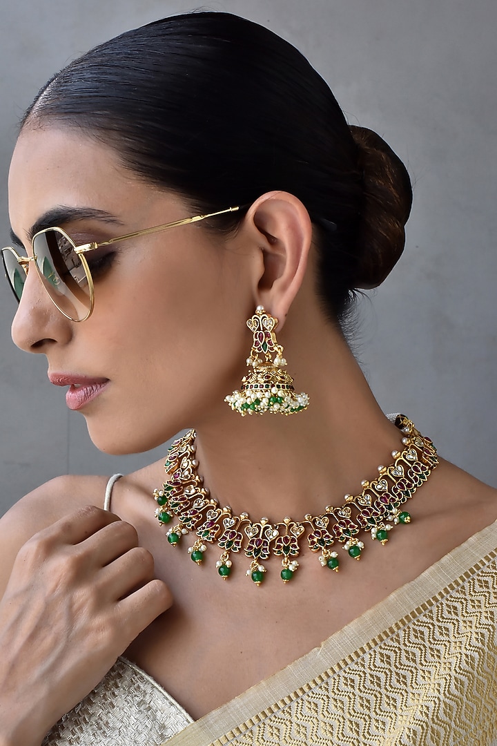 Gold Finish Kundan Polki & Jadau Necklace Set by Swabhimann Jewellery at Pernia's Pop Up Shop