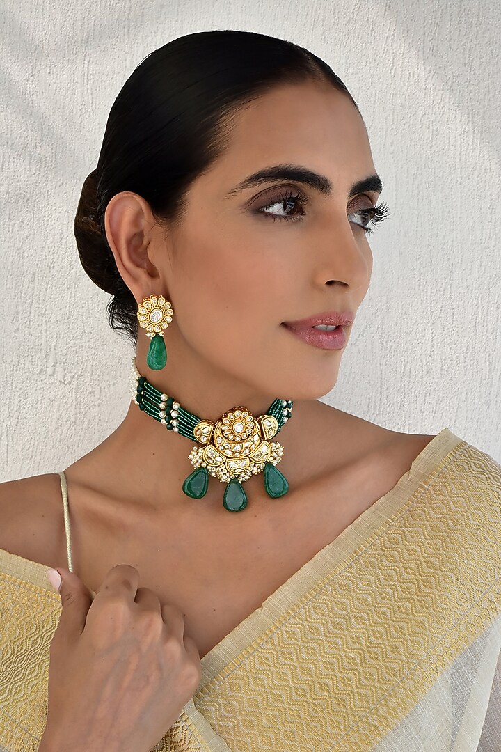 Gold Finish Kundan Polki Choker Necklace Set by Swabhimann Jewellery at Pernia's Pop Up Shop