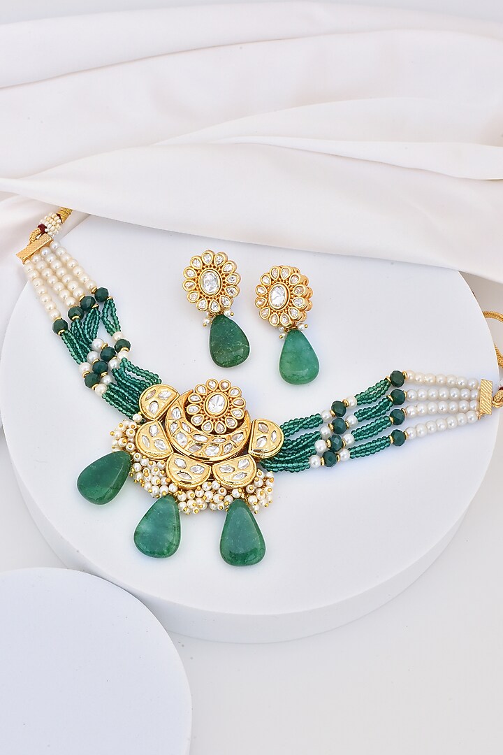 Gold Finish Kundan Polki Choker Necklace Set by Swabhimann Jewellery at Pernia's Pop Up Shop