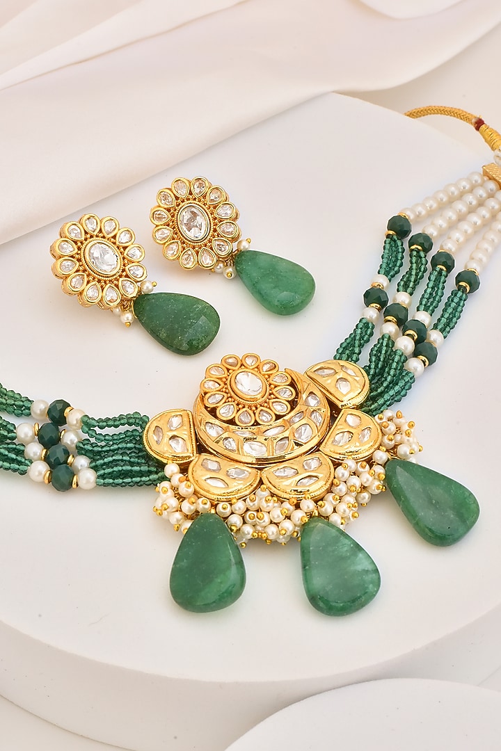 Gold Finish Kundan Polki Choker Necklace Set by Swabhimann Jewellery at Pernia's Pop Up Shop