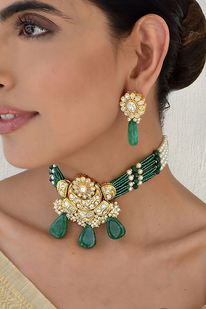 Gold Finish Kundan Polki Choker Necklace Set by Swabhimann Jewellery at Pernia's Pop Up Shop