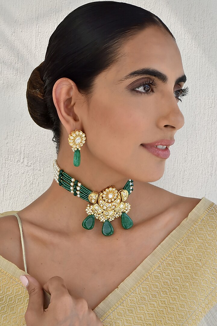 Gold Finish Kundan Polki Choker Necklace Set by Swabhimann Jewellery at Pernia's Pop Up Shop
