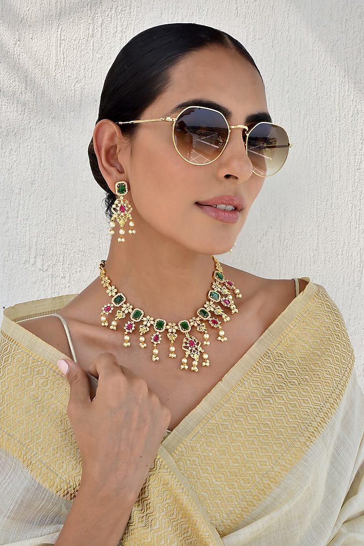 Gold Finish Kundan Polki & Jadau Necklace Set by Swabhimann Jewellery at Pernia's Pop Up Shop