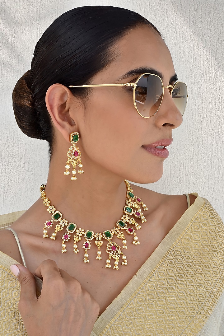 Gold Finish Kundan Polki & Jadau Necklace Set by Swabhimann Jewellery at Pernia's Pop Up Shop