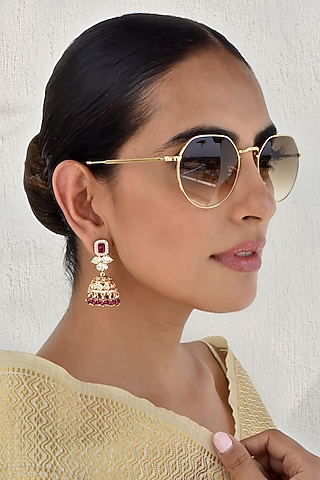 Rose Gold Finish Kundan Polki Jhumka Earrings by Swabhimann Jewellery