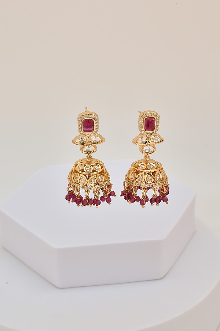 Rose Gold Finish Kundan Polki Jhumka Earrings by Swabhimann Jewellery at Pernia's Pop Up Shop