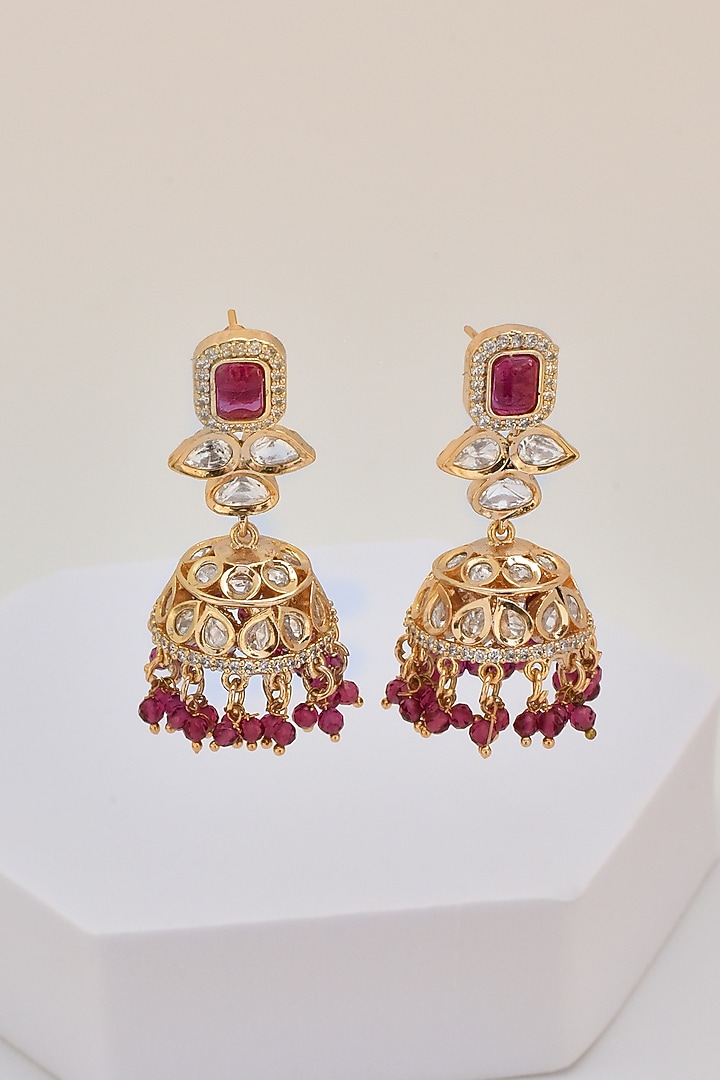 Rose Gold Finish Kundan Polki Jhumka Earrings by Swabhimann Jewellery at Pernia's Pop Up Shop