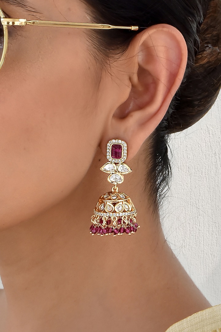 Rose Gold Finish Kundan Polki Jhumka Earrings by Swabhimann Jewellery at Pernia's Pop Up Shop