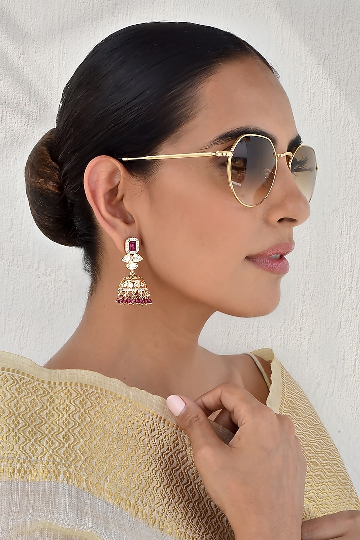 Rose Gold Finish Kundan Polki Jhumka Earrings by Swabhimann Jewellery at Pernia's Pop Up Shop