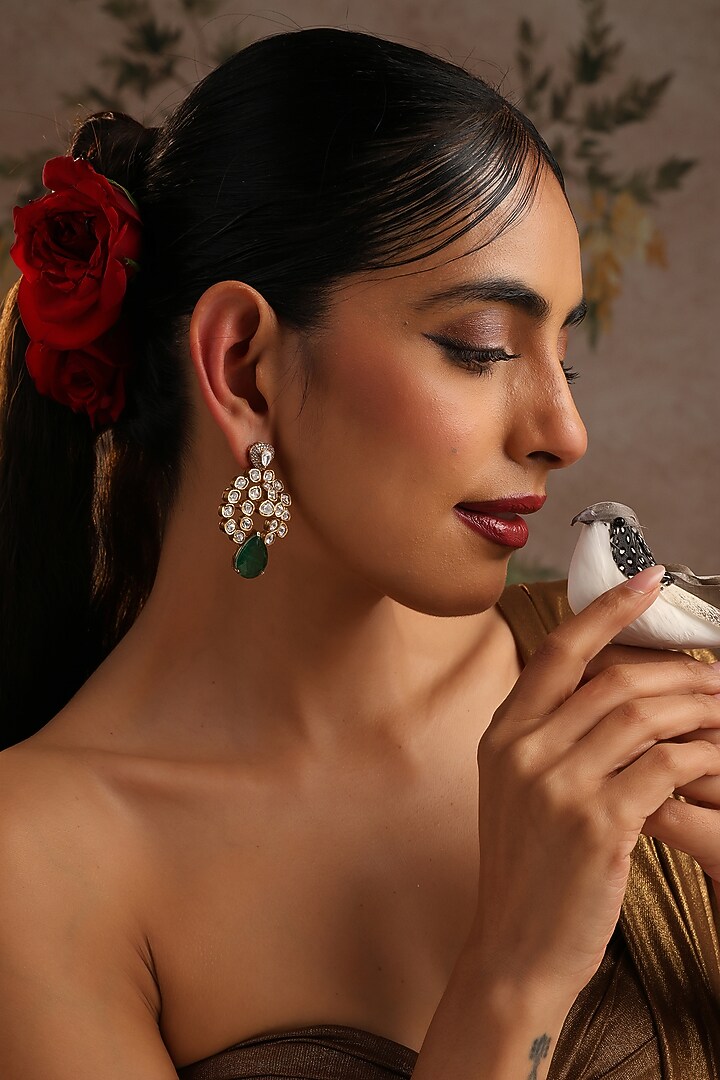 Gold Finish Green Kundan Polki Dangler Earrings by Swabhimann Jewellery at Pernia's Pop Up Shop
