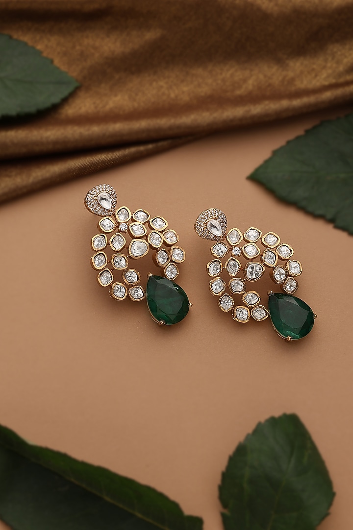 Gold Finish Green Kundan Polki Dangler Earrings by Swabhimann Jewellery at Pernia's Pop Up Shop