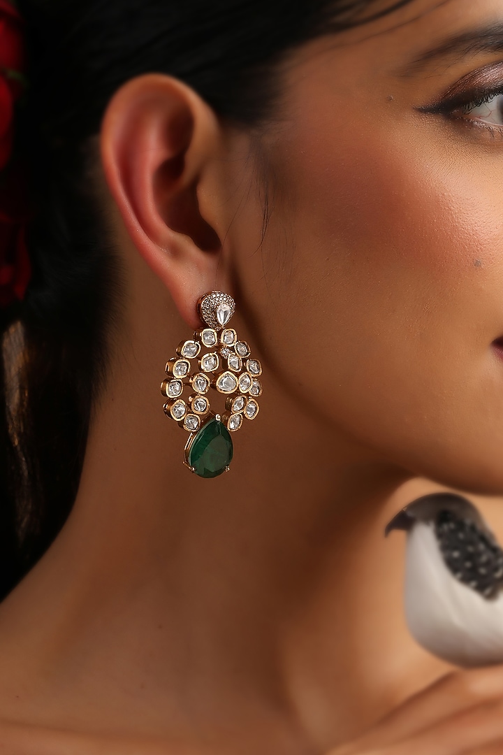 Gold Finish Green Kundan Polki Dangler Earrings by Swabhimann Jewellery at Pernia's Pop Up Shop