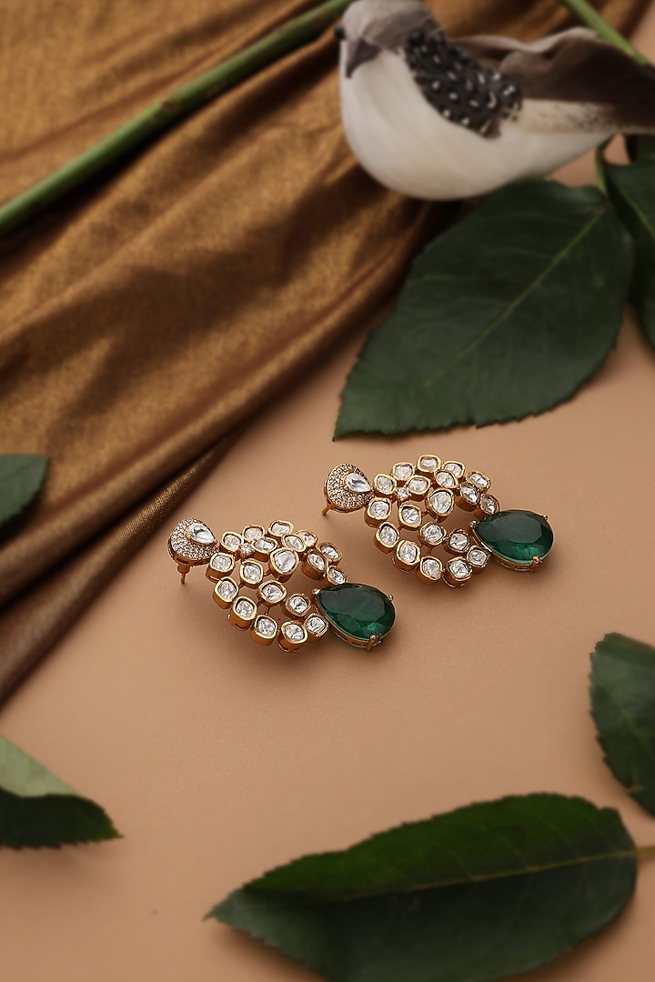 Gold Finish Green Kundan Polki Dangler Earrings by Swabhimann Jewellery at Pernia's Pop Up Shop
