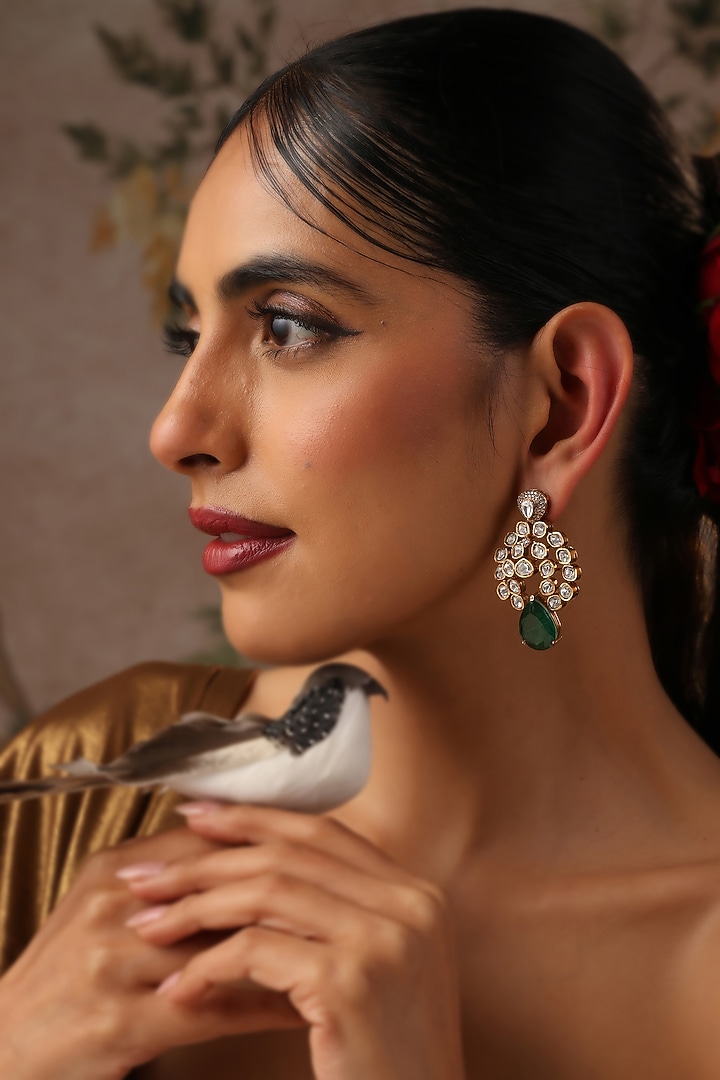 Gold Finish Green Kundan Polki Dangler Earrings by Swabhimann Jewellery at Pernia's Pop Up Shop