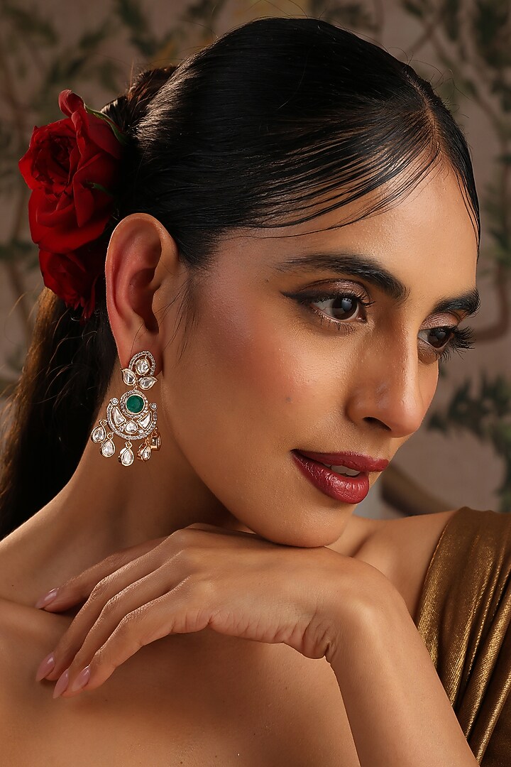 Rose Gold Finish Green Kundan Polki Chandbali Earrings by Swabhimann Jewellery at Pernia's Pop Up Shop