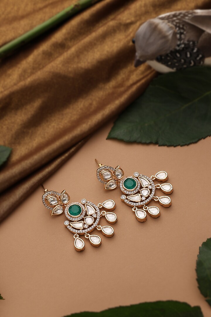 Rose Gold Finish Green Kundan Polki Chandbali Earrings by Swabhimann Jewellery at Pernia's Pop Up Shop