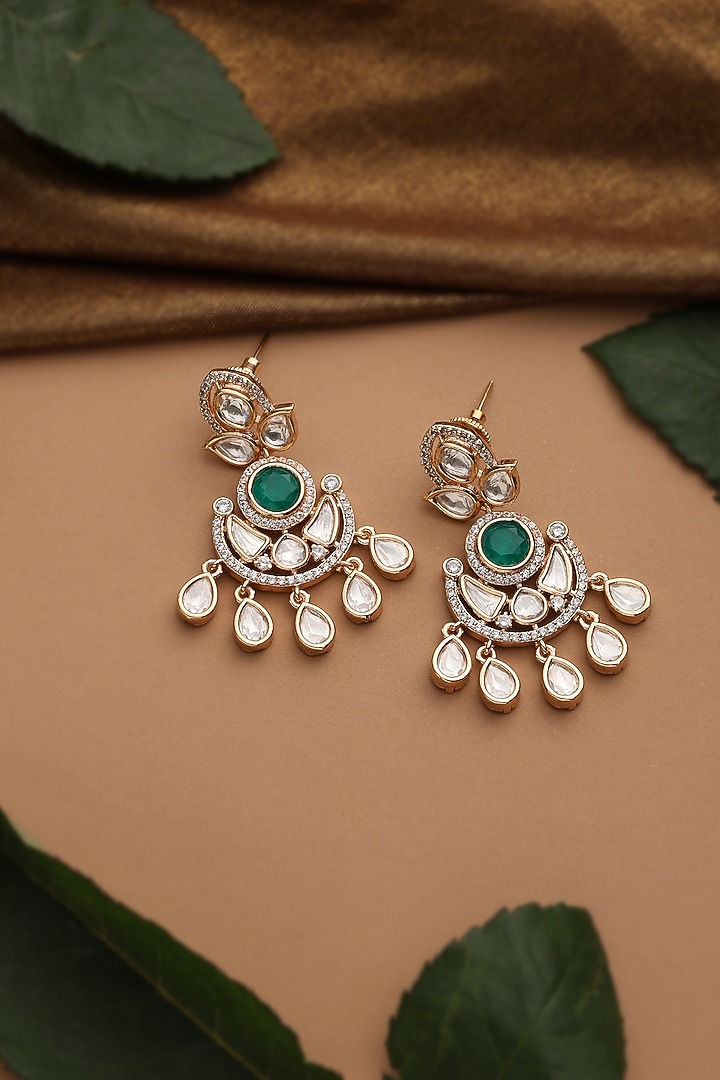 Rose Gold Finish Green Kundan Polki Chandbali Earrings by Swabhimann Jewellery at Pernia's Pop Up Shop