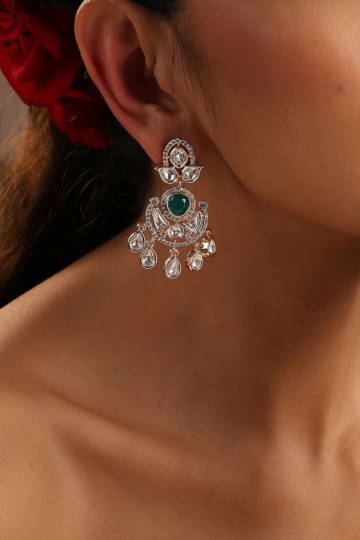 Rose Gold Finish Green Kundan Polki Chandbali Earrings by Swabhimann Jewellery at Pernia's Pop Up Shop