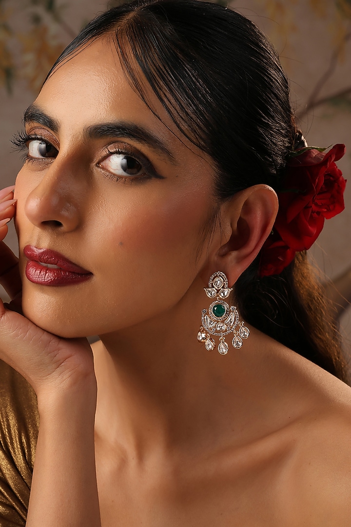 Rose Gold Finish Green Kundan Polki Chandbali Earrings by Swabhimann Jewellery at Pernia's Pop Up Shop