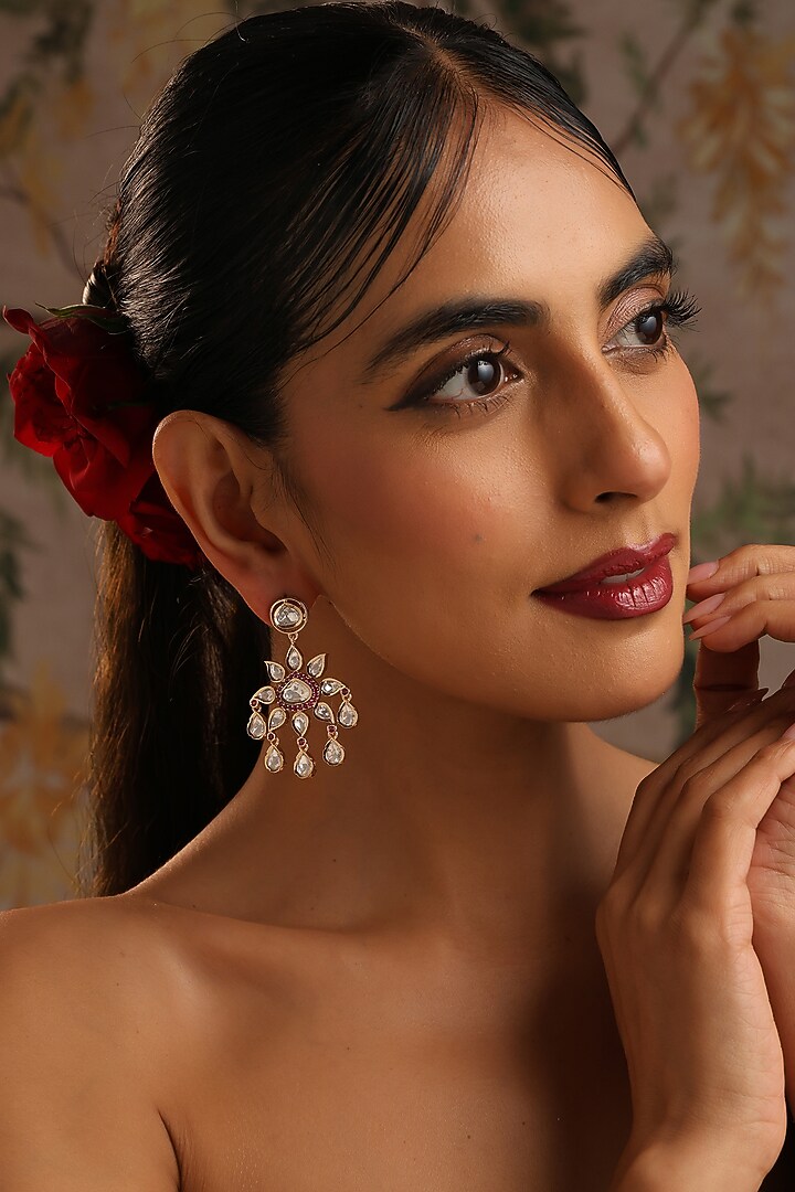 Rose Gold Finish Red Kundan Polki Dangler Earrings by Swabhimann Jewellery at Pernia's Pop Up Shop
