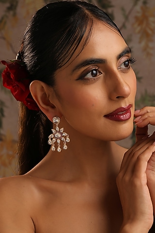 Rose Gold Finish Red Kundan Polki Dangler Earrings by Swabhimann Jewellery
