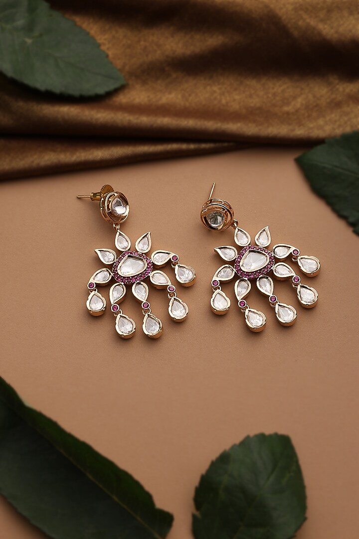 Rose Gold Finish Red Kundan Polki Dangler Earrings by Swabhimann Jewellery at Pernia's Pop Up Shop