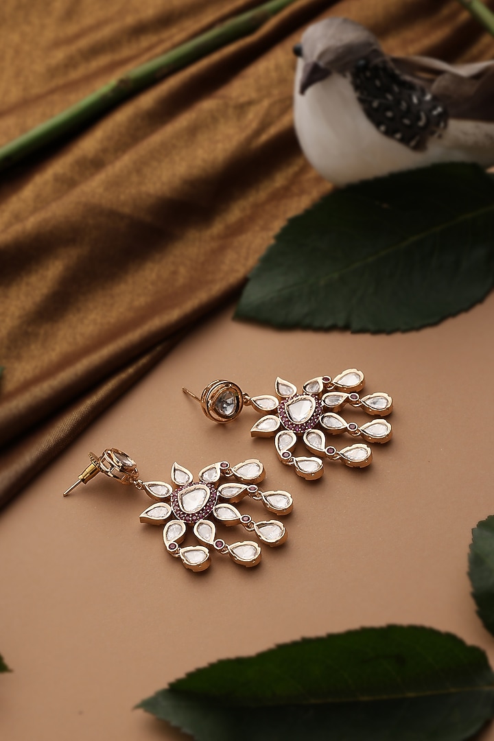 Rose Gold Finish Red Kundan Polki Dangler Earrings by Swabhimann Jewellery at Pernia's Pop Up Shop
