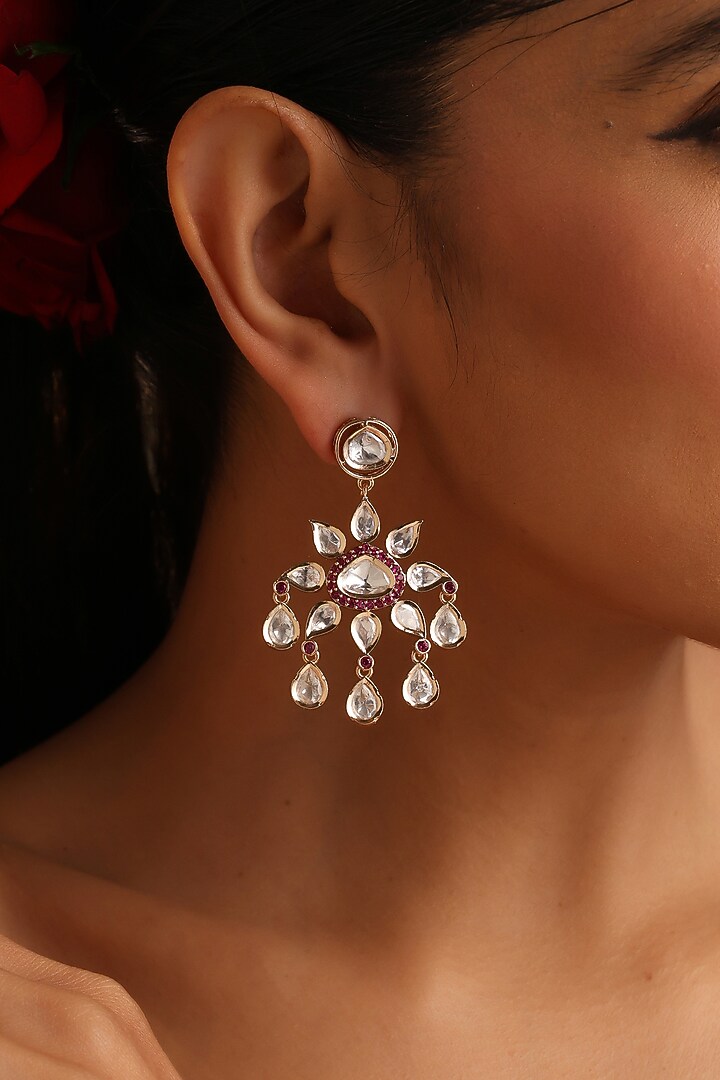 Rose Gold Finish Red Kundan Polki Dangler Earrings by Swabhimann Jewellery at Pernia's Pop Up Shop