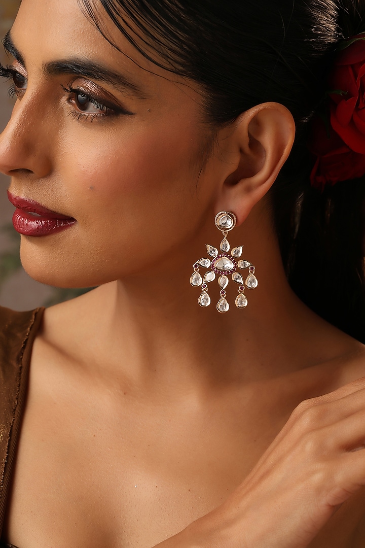 Rose Gold Finish Red Kundan Polki Dangler Earrings by Swabhimann Jewellery at Pernia's Pop Up Shop