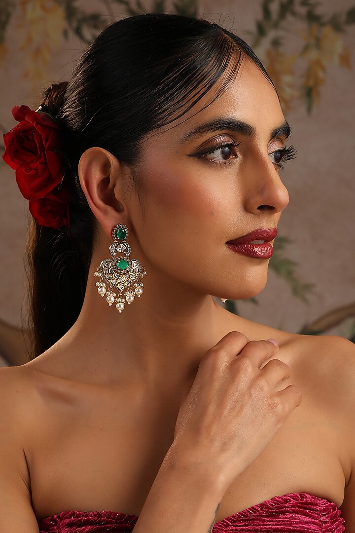 Gold Finish Green Kundan Polki Chandbali Earrings by Swabhimann Jewellery at Pernia's Pop Up Shop