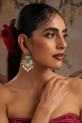 Gold Finish Green Kundan Polki Chandbali Earrings by Swabhimann Jewellery