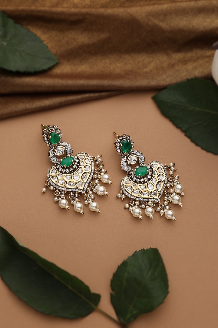 Gold Finish Green Kundan Polki Chandbali Earrings by Swabhimann Jewellery at Pernia's Pop Up Shop
