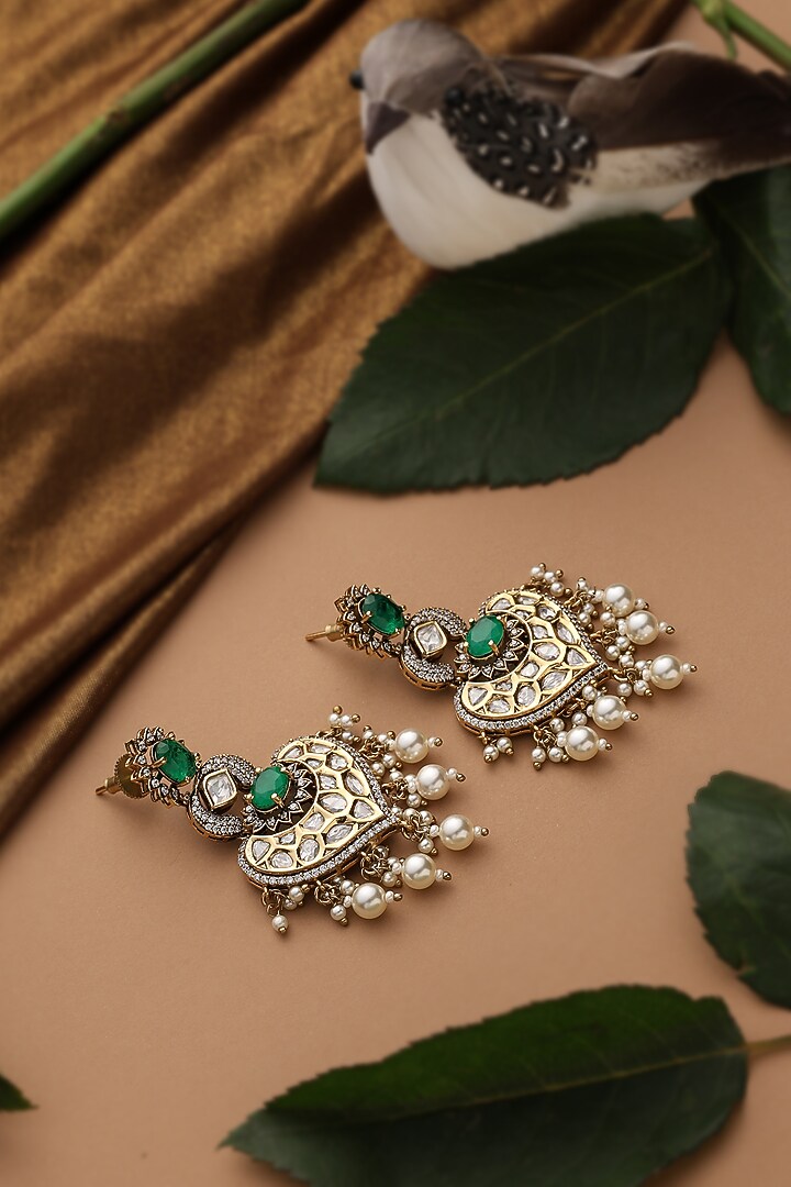 Gold Finish Green Kundan Polki Chandbali Earrings by Swabhimann Jewellery at Pernia's Pop Up Shop
