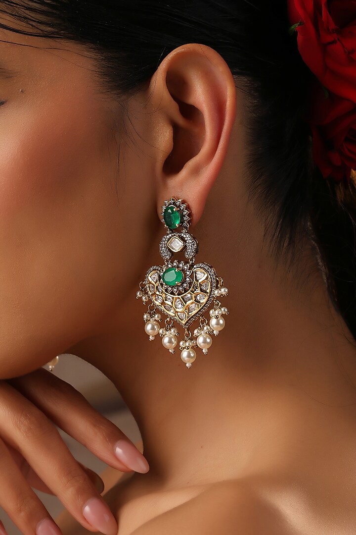 Gold Finish Green Kundan Polki Chandbali Earrings by Swabhimann Jewellery at Pernia's Pop Up Shop