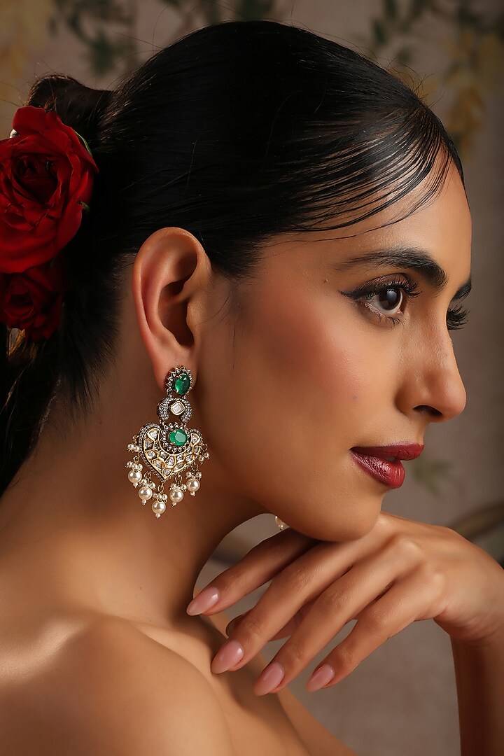 Gold Finish Green Kundan Polki Chandbali Earrings by Swabhimann Jewellery at Pernia's Pop Up Shop