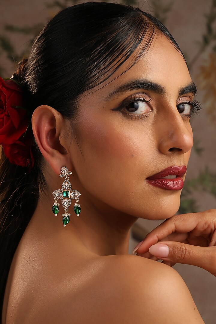 Rose Gold Finish Green Kundan Polki Dangler Earrings by Swabhimann Jewellery at Pernia's Pop Up Shop