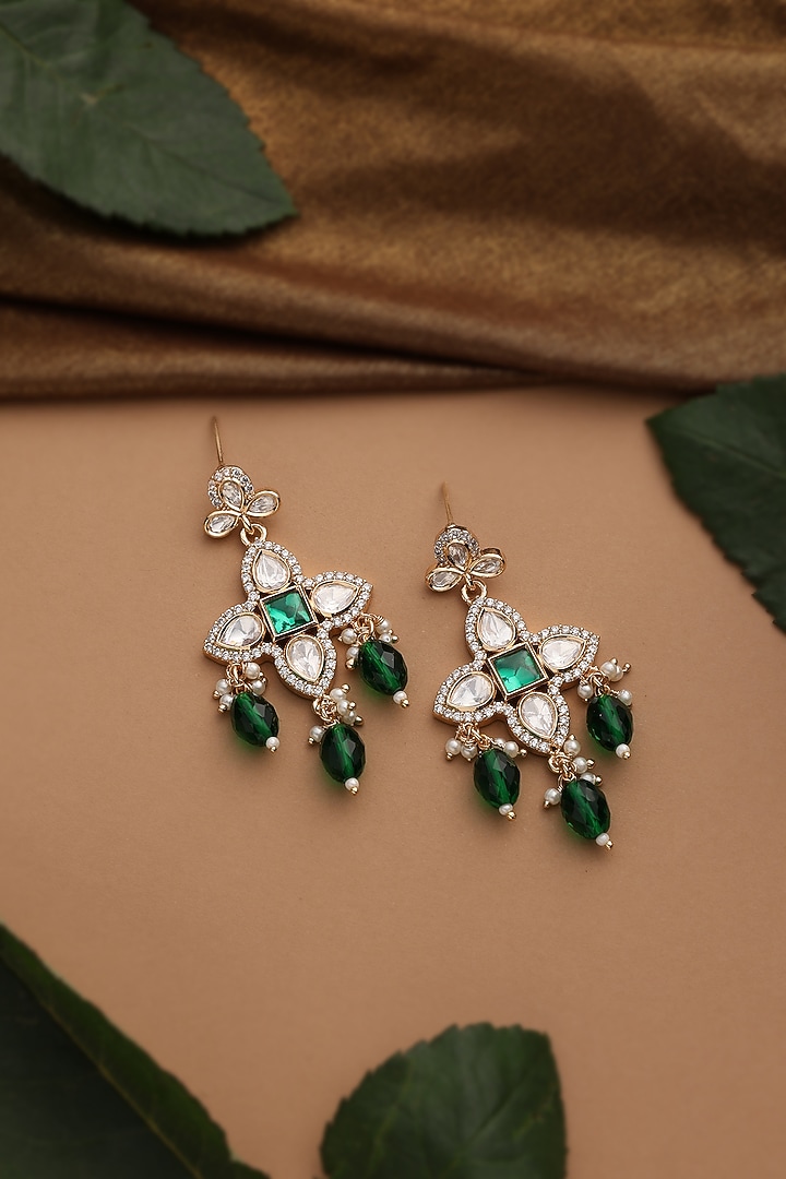 Rose Gold Finish Green Kundan Polki Dangler Earrings by Swabhimann Jewellery at Pernia's Pop Up Shop