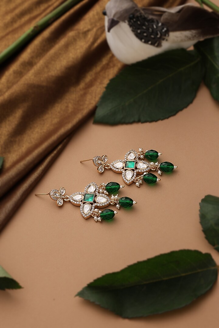 Rose Gold Finish Green Kundan Polki Dangler Earrings by Swabhimann Jewellery at Pernia's Pop Up Shop