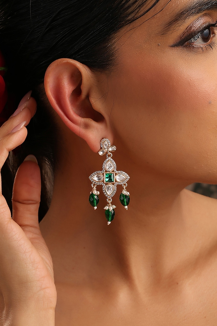 Rose Gold Finish Green Kundan Polki Dangler Earrings by Swabhimann Jewellery at Pernia's Pop Up Shop