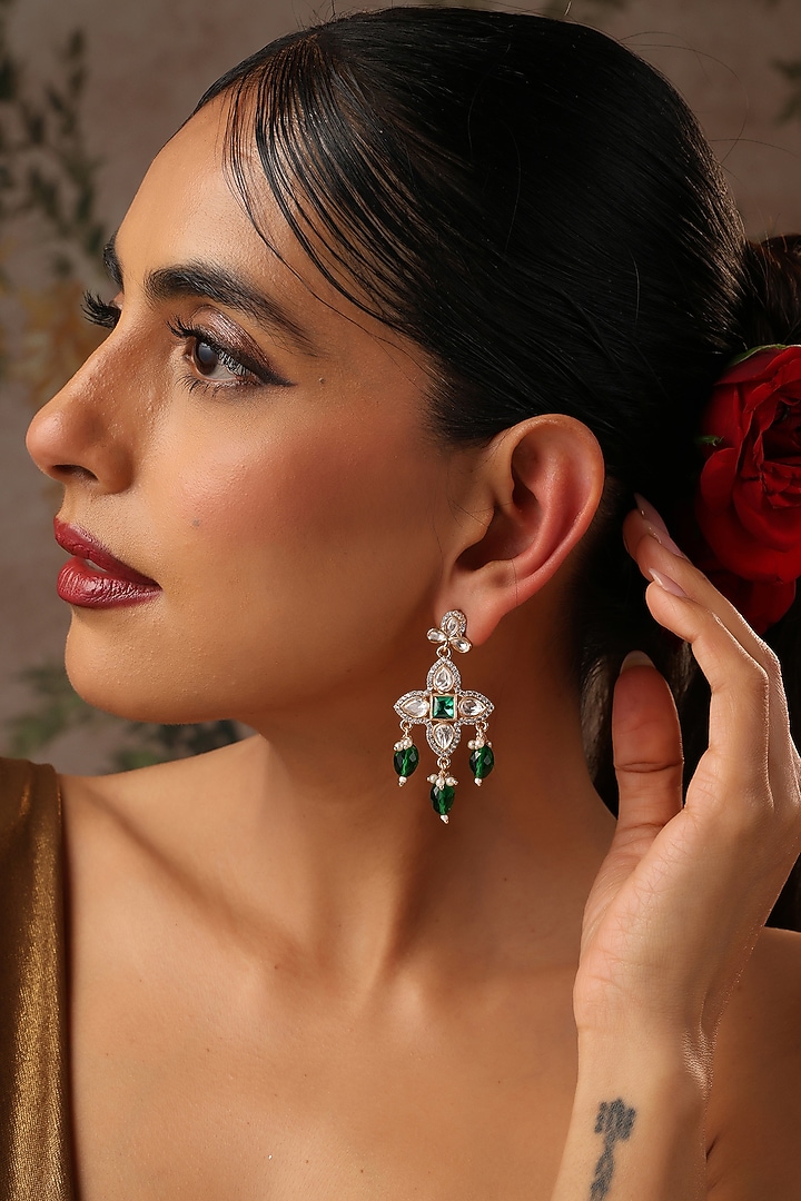 Rose Gold Finish Green Kundan Polki Dangler Earrings by Swabhimann Jewellery at Pernia's Pop Up Shop