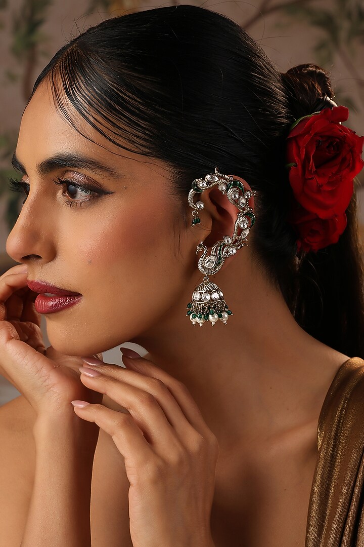 Gold Finish Green Kundan Polki Earcuffs by Swabhimann Jewellery at Pernia's Pop Up Shop