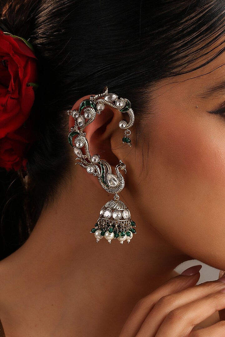 Gold Finish Green Kundan Polki Earcuffs by Swabhimann Jewellery at Pernia's Pop Up Shop