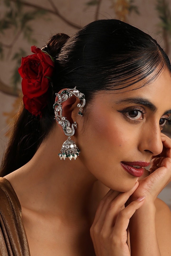 Gold Finish Green Kundan Polki Earcuffs by Swabhimann Jewellery at Pernia's Pop Up Shop